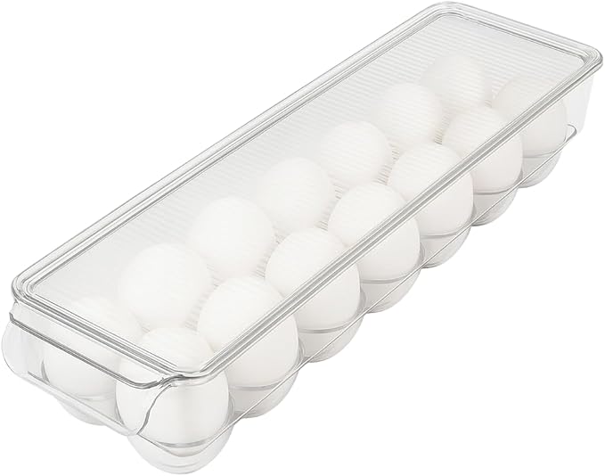 Dependable Industries inc. Essentials Clear Acrylic Egg Storage Container with Lid, 14-Egg Capacity, BPA-Free Refrigerator Organizer, Stackable Tray with Handle, Dishwasher Safe