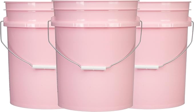 House Naturals 5 Gallon Pink Food Grade Plastic Storage Bucket with Lid Cover (Pack of 3) Made in USA (with White Easy Open Close Lids)