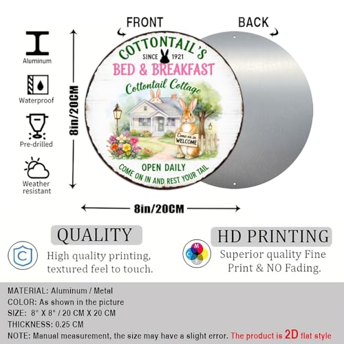 Cottontail's Bed & Breakfast Round Aluminum Metal Sign Retro Cottontail Cottage Bunny - 8x8 Inch - Image 2