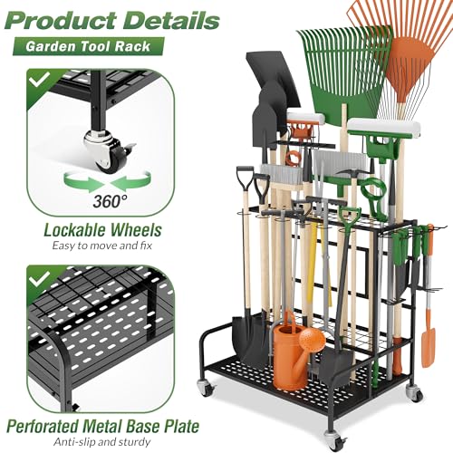 Garden Tool Organizer Rack with Wheels Up to 39 Tools - Black, Alloy Steel, Broom Holder & Garden Tool Rack for Shed - Image 6
