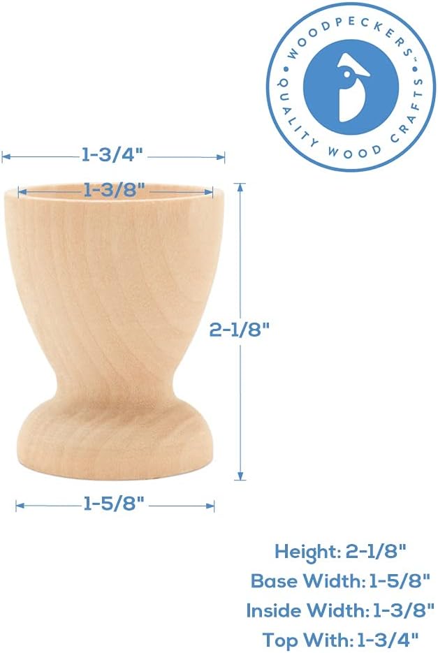 Wooden Egg Holder 2-1/8 inch, Pack of 6 Egg Cups, 2-1/2 inch Flat Bottom Eggs in a Cup, Wood Egg Unfinished, by Woodpeckers