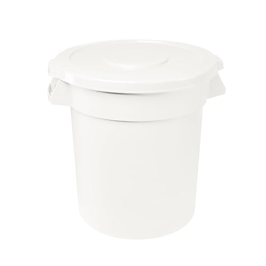 Feed and Seed Storage Container, 32 Gallon White Round Commercial Trash Can and Lid, Food Storage Plastic Bin, Use in Agricultural, Gardening, or Household