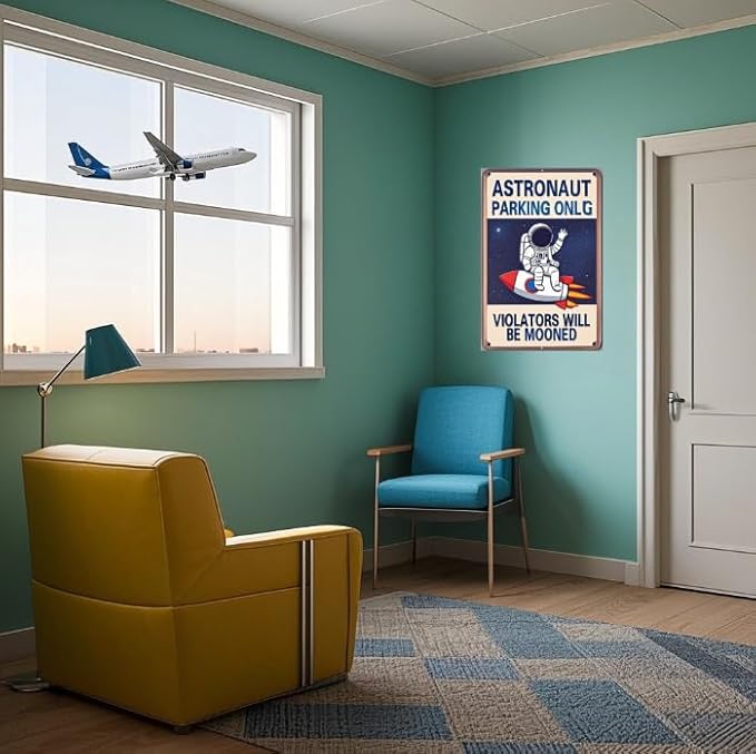 "Astronaut Parking Only" Sign – Metal Outer Space-Themed Plaque, Creative Gift for Space Enthusiasts, Suitable for Bedroom, Office, Game Room, Boys' Room, Classroom, Nursery, Party Decor, and Wall Decoration – 8x12 Inches