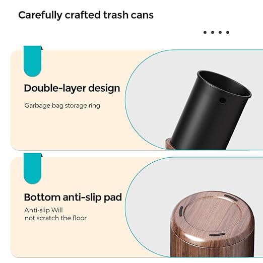 2.1 Gallon Metal Imitation Wood Grain Bathroom Trash Can, Modern, Open Top Wastebasket, Small Garbage Can for Under Desk Kitchen Home Office Bedroom (Taper)
