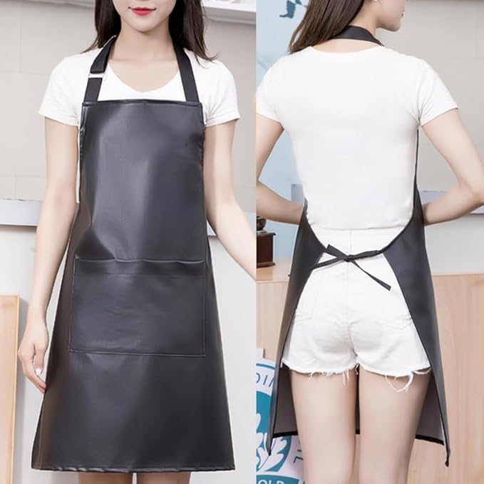 eywlwaar PU Waterproof Apron with One Big Pocket Adjustable Oil Proof Apron for Kitchen Dishwashing Cooking 29.92"x 26.77"