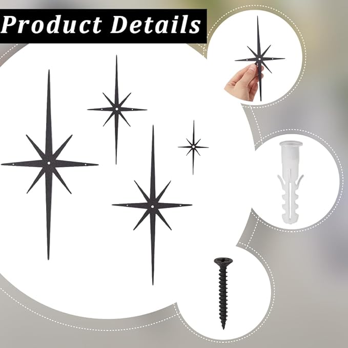 CREATCABIN 4Pcs Star Burst Wall Decor Black Mid Century Modern Metal Wall Art Sculpture Retro 8 Pointed Atomic Stars Celestial Hanging Ornament Accents for Home Bedroom Office Room Decoration