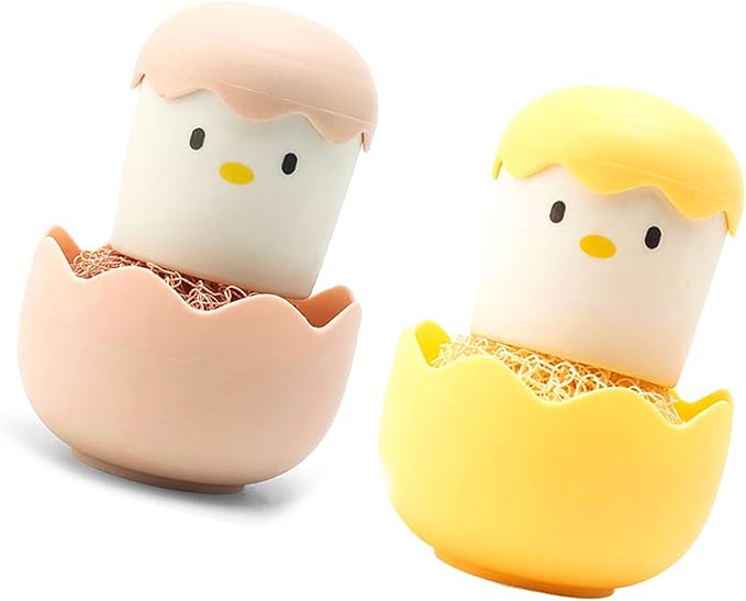 2PC Kitchen Cleaning Brush Eggshell Chicken Dish Potato Vegetable Scrubber Fruit, Cute Cartoon Kitchen Cleaning Scrubbers, Detachable Handle and Fiber Ball, Multipurpose Dish Pot Washing Tool (#2)