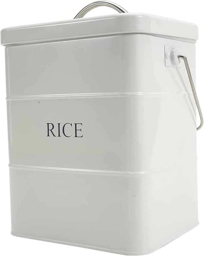 Metal Rice Storage Box, Square Rice Container with Lid and handle, Sealed Food Storage Bin for Kitchen, Countertop Organizer Jar for Rice Flour Soybean Grain Cereal-White