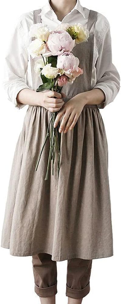 Cotton and linen Kitchen Cooking Aprons Dress for Women with Pockets Cute for Baking Painting Gardening Cleaning