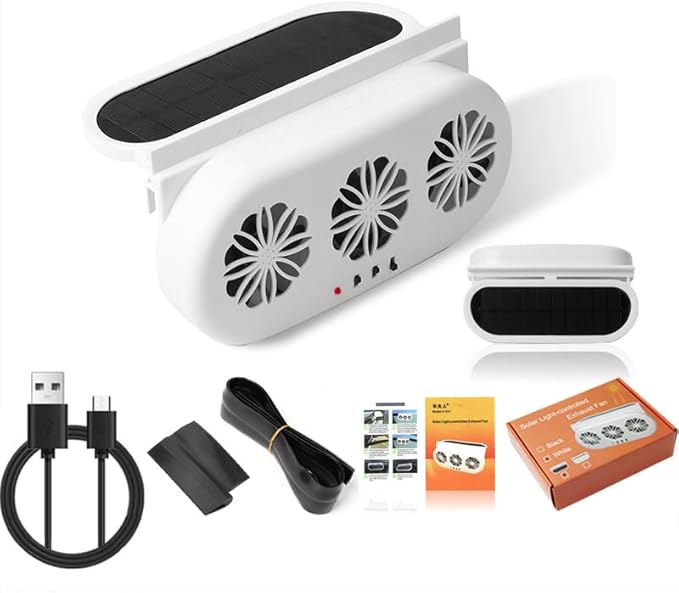 Car Solar Powered Exhaust Fan Car Window Exhaust Fans Vehicle Ventilation Fan Auto Air Vent Cool Fan Cooler Ventilation System Radiator Cooling Fans with Three Air Outlets, White
