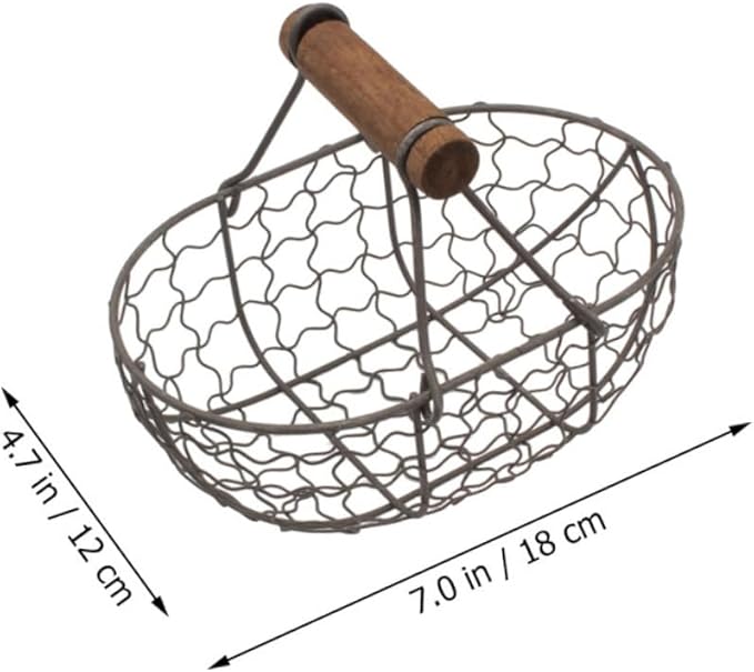 2pcs Vintage Metal Mesh Storage Baskets with Wooden Handles, Multi-function Fruit and Egg Organizer for Kitchen Counter and Harvesting, Farmhouse Style Wire Basket Set