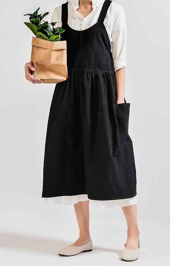 Cotton and linen Kitchen Cooking Aprons Dress for Women with Pockets Cute for Baking Painting Gardening Cleaning