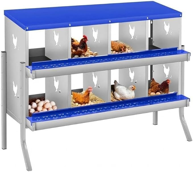 Removable Tray & Lid, Two-Tier Design - Galvanized Steel Chicken Nesting Box - 8 Compartments, Large Vented Holes, Wall Mount or Freestanding, Easy Clean - Blue, 8 Compartments ZW