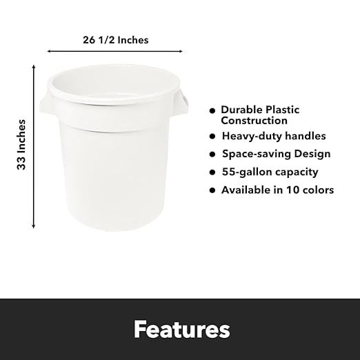 Feed and Seed Storage Container, 55 Gallon White Round Commercial Trash Can with Lid and Dolly, Food Storage Plastic Bin, Use in Agricultural, Gardening, or Household