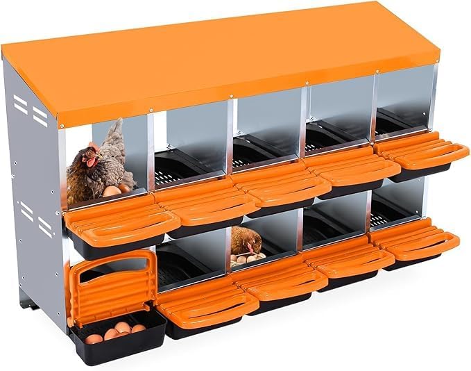 Chicken Nesting Box, 10-Compartment Egg Laying Box, Convenient for Collecting Eggs, Ventilated Poultry House Equipment in Metal Chicken Coop, Suitable for Hens and Ducks, (Orange, Without Stand)