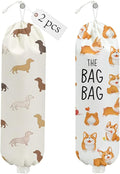 2PCS Dog Plastic Bag Holder, Wall Mount Grocery Bag Holder for Plastic Storage bag, Washable Storage Organizer Reusable Grocery Bags, Pull Rope Free Adjustment, Dog Lovers Gifts for Women