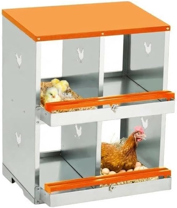 Metal Chicken Nesting Box – 4 Compartments Double Layer, Swing Perch, Roll Away Egg Collection, Large Vented Holes, Wall-Mount, Orange-red, Double Layer 4 Compartments