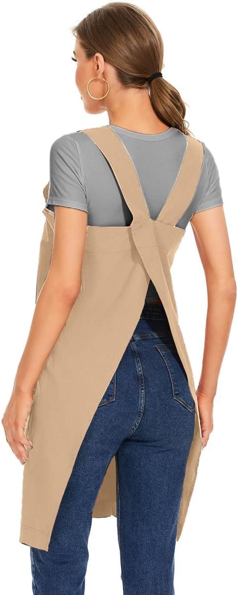 Larmliss Women's Cotton Cross Back Apron Pinafore Dress with Big Pockets Loose Square Apron for Baking Cooking Gardening