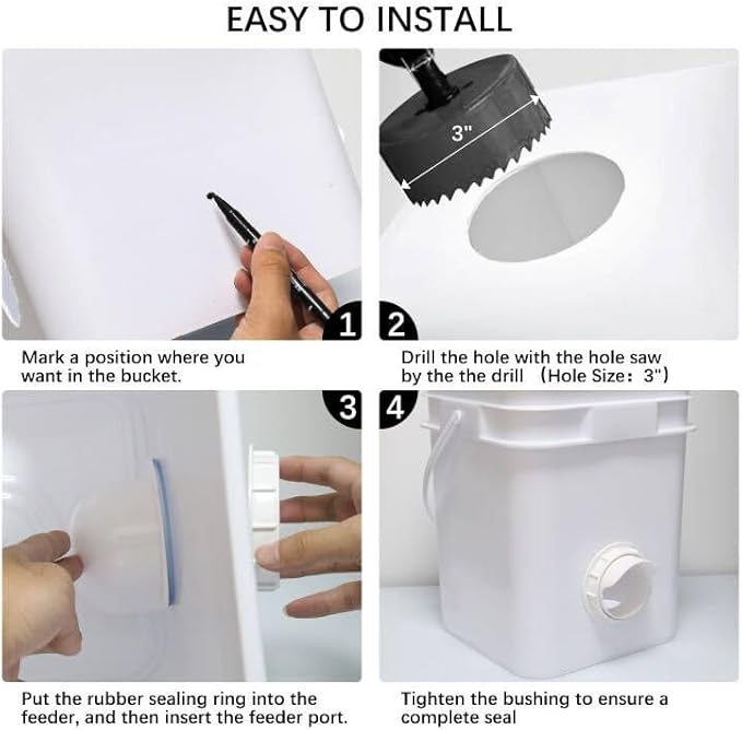 Chicken Feeders No Waste 12 Ports, DIY Poultry Feeder with 12 Covers 1 Hole Saw, Rain Proof Automatic Gravity Chicken Feeder Kits for Buckets, Barrels, Bins, Troughs (White)
