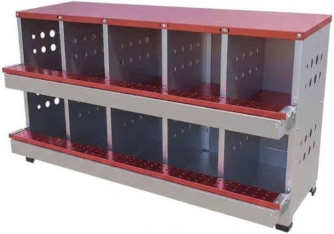 Metal Chicken Nesting Boxes - 10 Hole Wall-Mountable Laying Boxes with Lid & Roll-Away Egg Collection, Weatherproof Galvanized Steel, Includes 10 Fake Eggs for Chicken Coop, Red