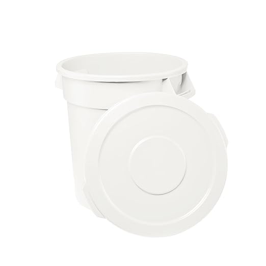 Feed and Seed Storage Container, 44 Gallon White Round Commercial Trash Can and Lid, Food Storage Plastic Bin, Use in Agricultural, Gardening, or Household