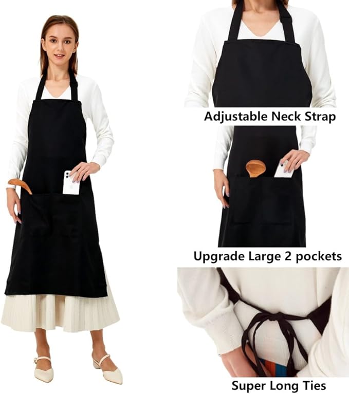URED Adjustable Bib Aprons For Women With Pockets Black Chef Apron Thicken Long Aprons Cooking Apron For Men Gift