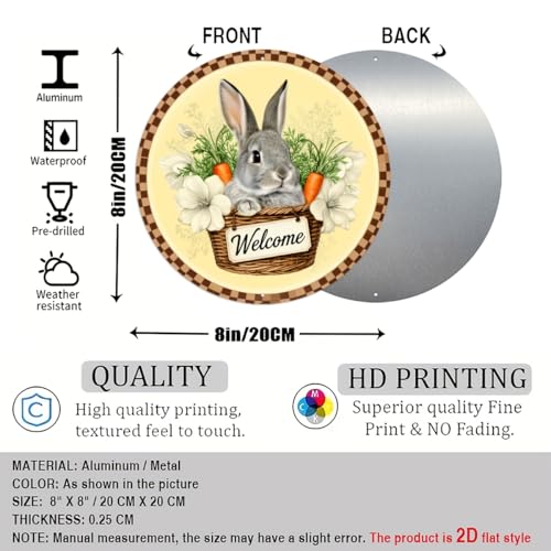 Welcome Bunny in Basket Round Aluminum Sign Retro Gray Rabbit with Carrots White Flowers - 8x8 Inch - Image 2