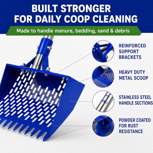 Chicken Poop Scooper with 74" Adjustable Handle - Blue, Heavy Duty Metal Chicken Coop Cleaner - Image 5
