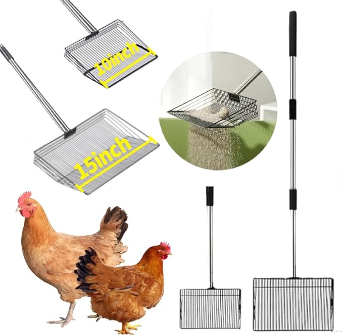 Chicken Poop Scooper for Sand, 2Pack Chicken Coop Scoop, Rake, and Cleaning Tools, Stainless Steel Litter Sifting Shovel for Coop Waste with 15" & 10" Replaceable Heads