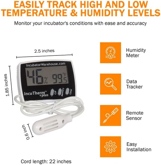 Incubator Warehouse IncuTherm™ Plus Digital Thermometer and Hygrometer for Egg Incubator - Large Digital Display with Min/Max Memory - Remote Probe - Reads Celsius and Fahrenheit +/-1° 1109 IWTH01