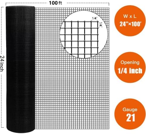 24" x 100" Hardware Cloth 21 Gauge, Black Galvanized Welded Wire Mesh Roll for Chicken Coop Fence, Poultry Netting, Garden Fence, Rabbit & Snake Cage, Heavy Duty Welding Fencing (24×100-21Gauge)