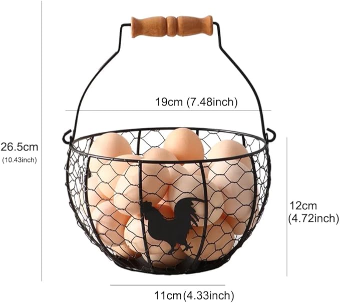 Fresh Eggs Collecting Basket With Handle，Vintage Style Metal Wire Eggs Holder Basket for Countertop Kitchen Storage Bin