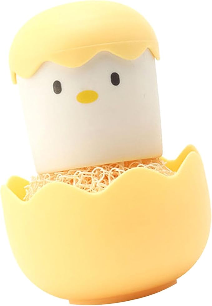 Eggshell Chicken Cleaning Brush Cartoon Kitchen Scrubber Fiber Ball Head Detachable Handle for Bowls Pots Dishwashing (Yellow)