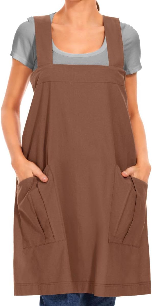 Larmliss Women's Cotton Cross Back Apron Pinafore Dress with Big Pockets Loose Square Apron for Baking Cooking Gardening