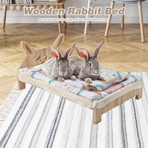 Large Wooden Bunny Bed, 2-in-1 Rabbit Bed with Pillow and Mat - 20.4"L x 14"W x 3.9"H (52x36x10 cm) - Image 4