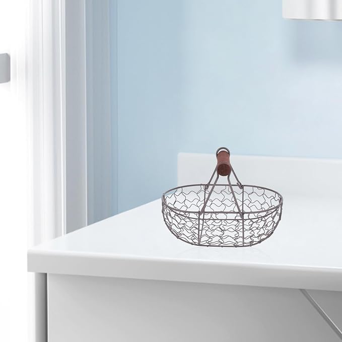Zerodeko Egg Basket - Egg Collecting Basket Vintage Style Storage with Wooden Handle Round Metal Fruit Collecting Flower Arangment for Home Countertop Holder Container
