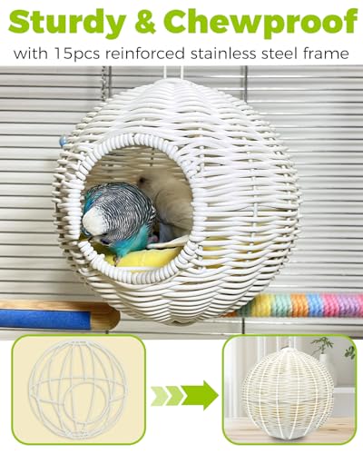 Chewproof Steel Frame Bird Nest for Cage, Washable Small Bed Hammock - S-Long Chain-white for Small Birds, Chew-resistant Steel Frame - Image 2