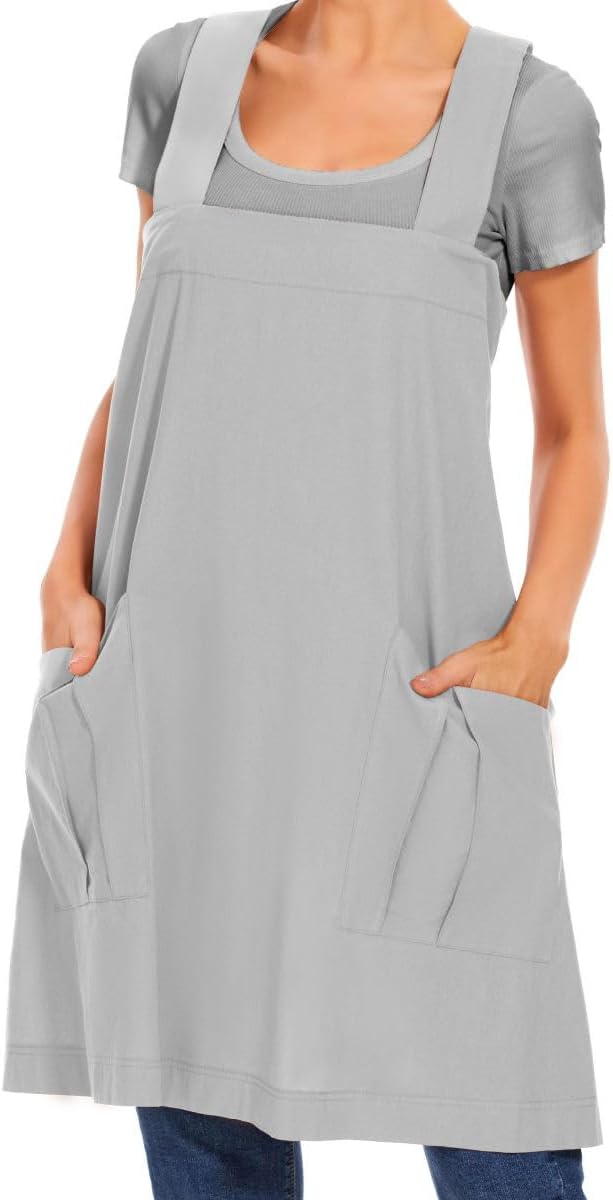 Larmliss Women's Cotton Cross Back Apron Pinafore Dress with Big Pockets Loose Square Apron for Baking Cooking Gardening