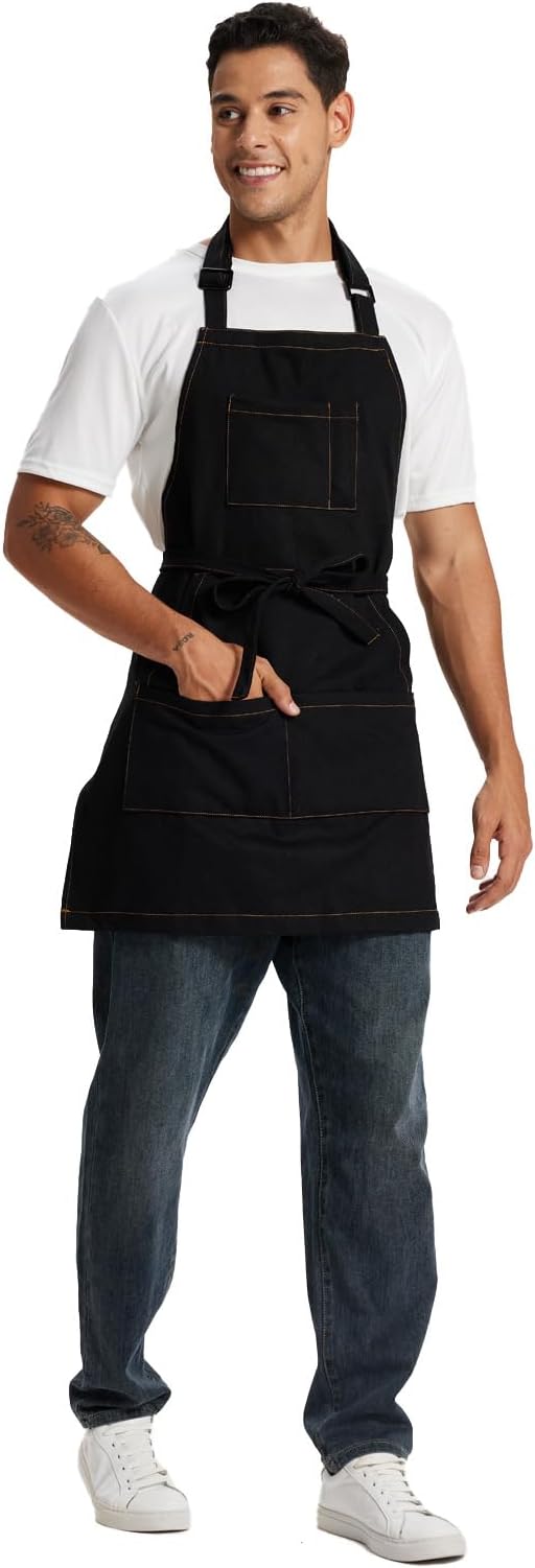 Chef Apron for Men Women with Large Pockets, Adjustable Denim Apron for Cooking, Baking, Gardening