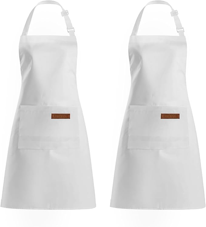 ATROPOS 2 Pack White Adjustable Bib Cooking Apron Waterdrop Resistant with 2 Pockets Aprons for Men Women - Suit for Kitchen And Outdoor BBQ (35.8IN x 26.8IN White)