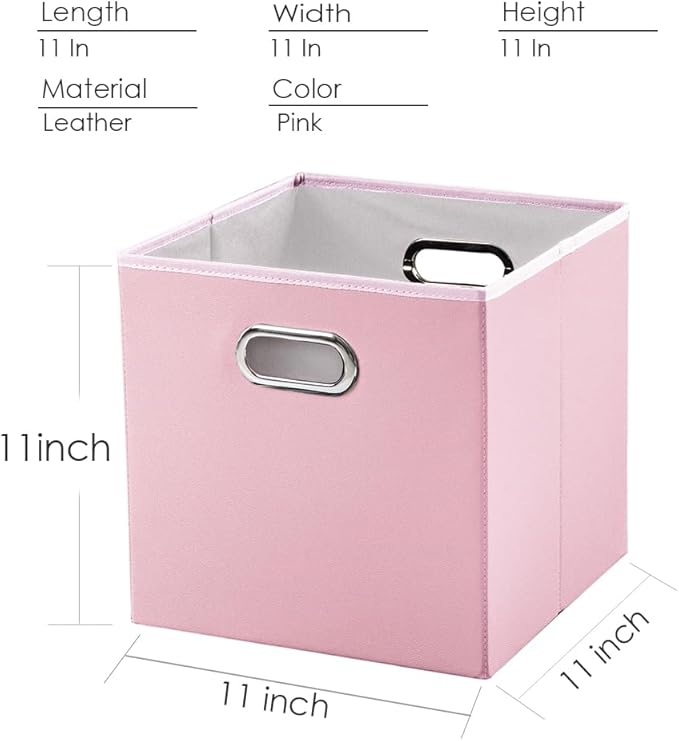 PRANDOM Leather Foldable Cube Storage Bins 11x11 inch [2-Pack] Fabric Storage Baskets Cubes Drawer with Cotton Handles Organizer for Shelves Nursery Closet Bedroom Clothes Pink