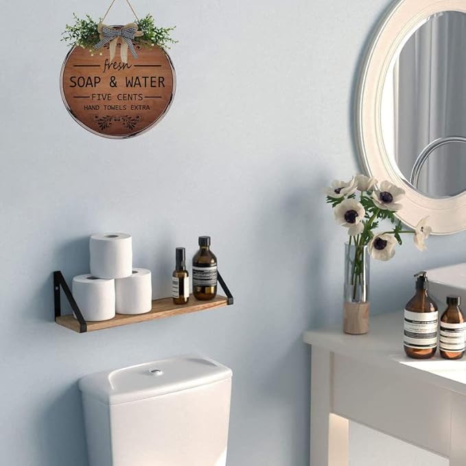 Farmhouse Bathroom Wall Decor Antique Frame Round Wooden Sign Vintage Decor for Toilet Restroom Restroom Hanging Sign Fresh Soap And Water 12 X 12 Inch