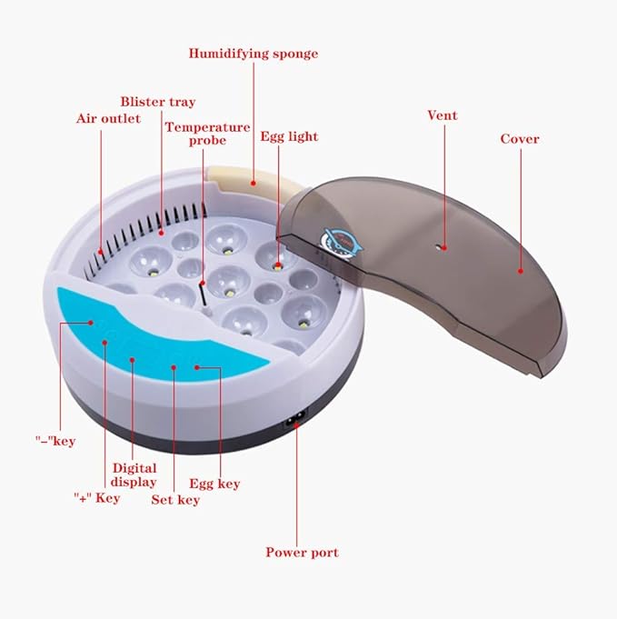 Hatching Egg Incubator, Egg Incubator with Automatic Temperature and Humidity Control, Mini Digital Poultry Hatcher Machine with 9 LED Lights Egg Candler Tester,