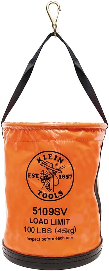 Klein Tools 5109SV Tool Bucket, Vinyl Lineman Bucket with Swivel Snap and Web Handle, 12-Inch, 100-Pound Load Rated Tool Holder