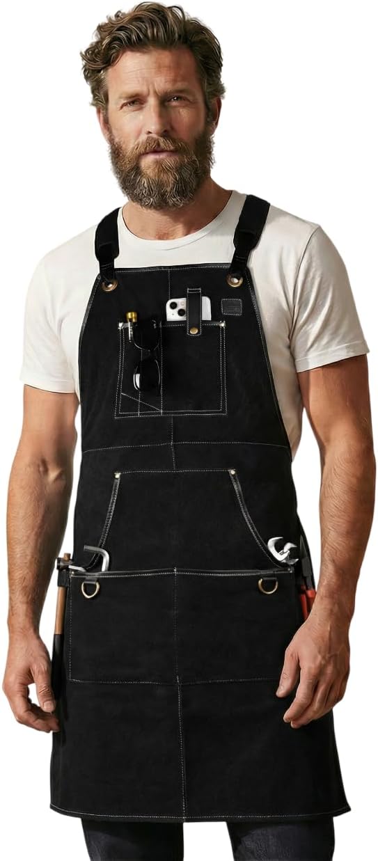 LEATHER VILLAGE Work Apron - Heavy Duty Woodworking Apron for Men with Tool Pockets for Woodworkers, Blacksmiths, Carpenters – Black Color (Size M to XXL)