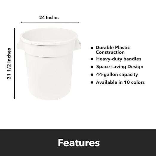 Feed and Seed Storage Container, 44 Gallon White Round Commercial Trash Can/Ingredient Bin, Food Storage Plastic Bin, Use in Agricultural, Gardening, or Household