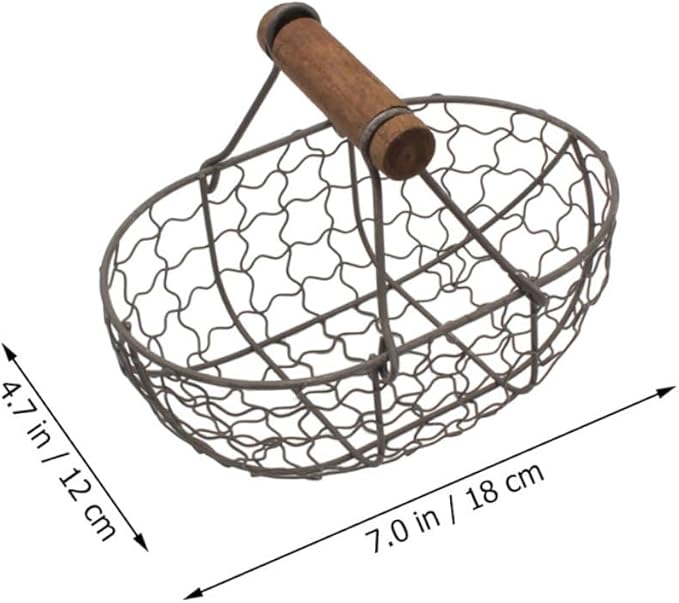 2pcs Wooden Handle Metal Mesh Storage Baskets Vintage Farmhouse Style Kitchen Fruit Vegetable Organizer Egg Gathering Basket Set