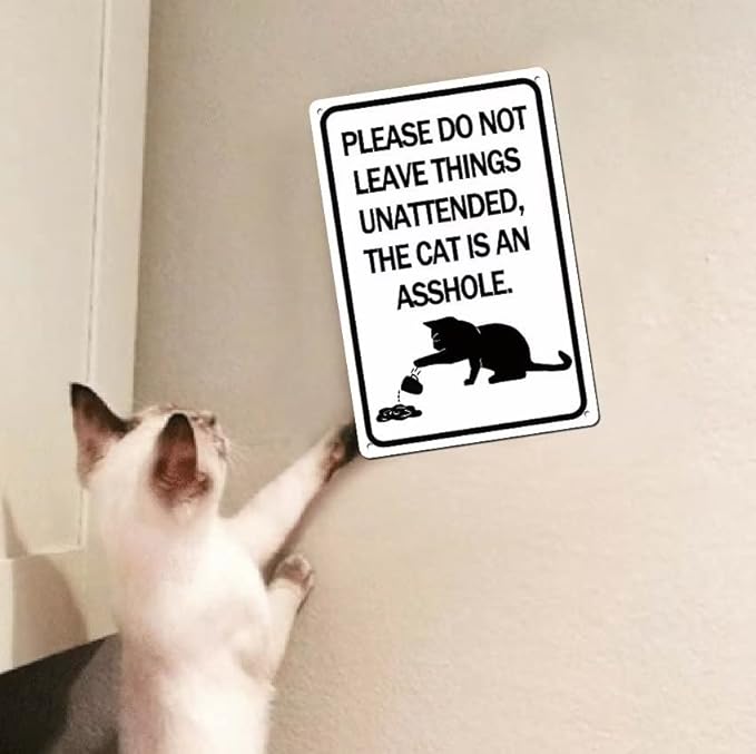 Please Do Not Leave Things Unattended, The Cat is an Asshole 12x8 Inch Metal Tin Sign For Home Decor, Hanging Funny Signs, Wall Art, Cat Lover Gifts for Women
