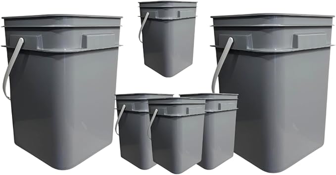 House Naturals 4 Gallon Square Food Grade Gray Bucket Container (Pack of 6 pails, no lids)