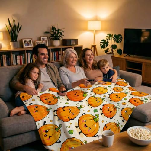 Kawaii Pumpkin Blanket, Happy Faces Fall Harvest Design 50×60 - 50"x60", Autumn Pumpkin, Polyester - Image 5